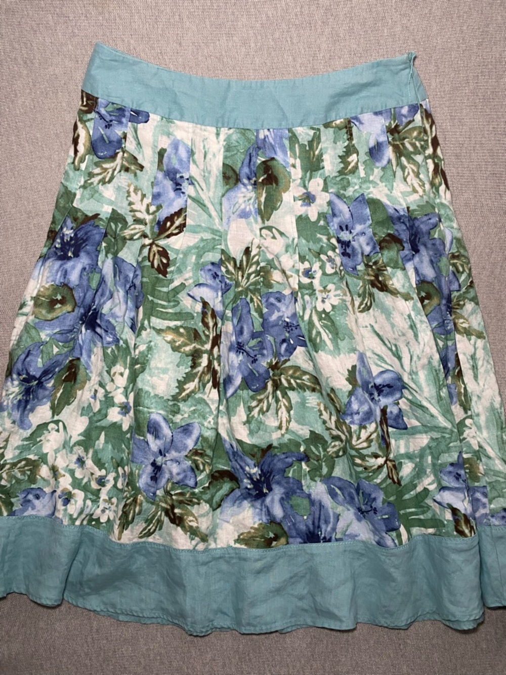 Tapemeasure Size 12 Aqua, Sage, Blue & Brown Linen A Line Midi Skirt